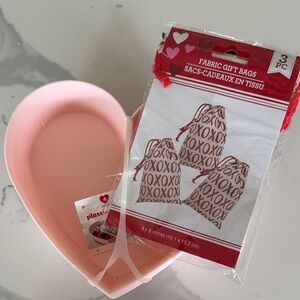 Pink Heart-Shaped Plastic Bowls with Fabric Gift Bags